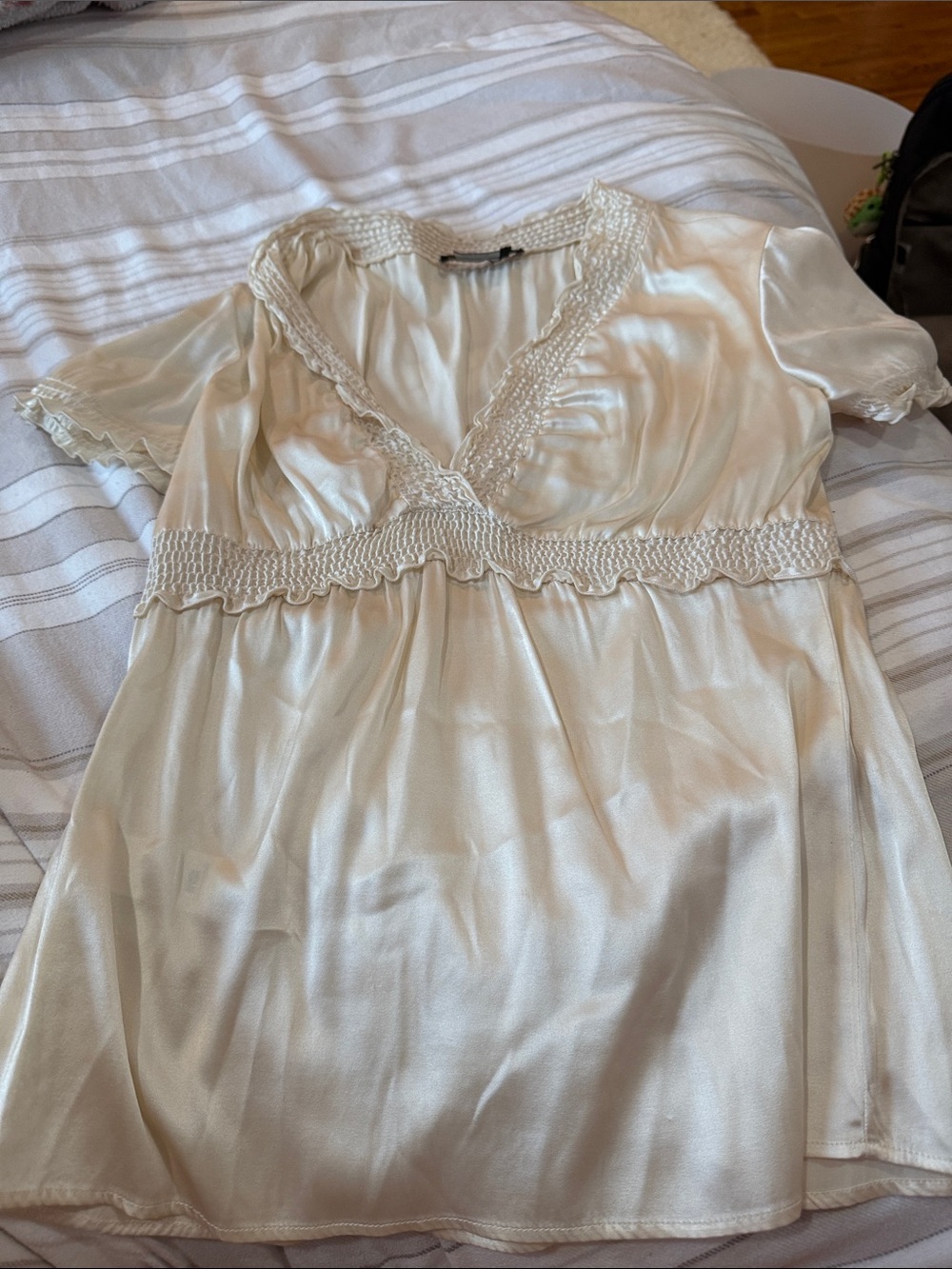 BCBGMaxAzria Cream Smocked Yoke Silk Blouse